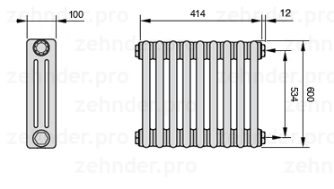 Схема (чертеж) Радиатор Zehnder Charleston 3060/9 №7610 Белый глянцевый RAL 9016